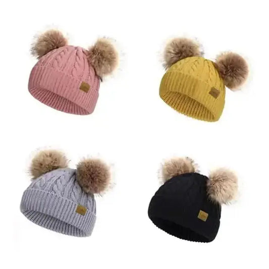 Kids Double Pom Pom Beanie Pink Poodle Designz