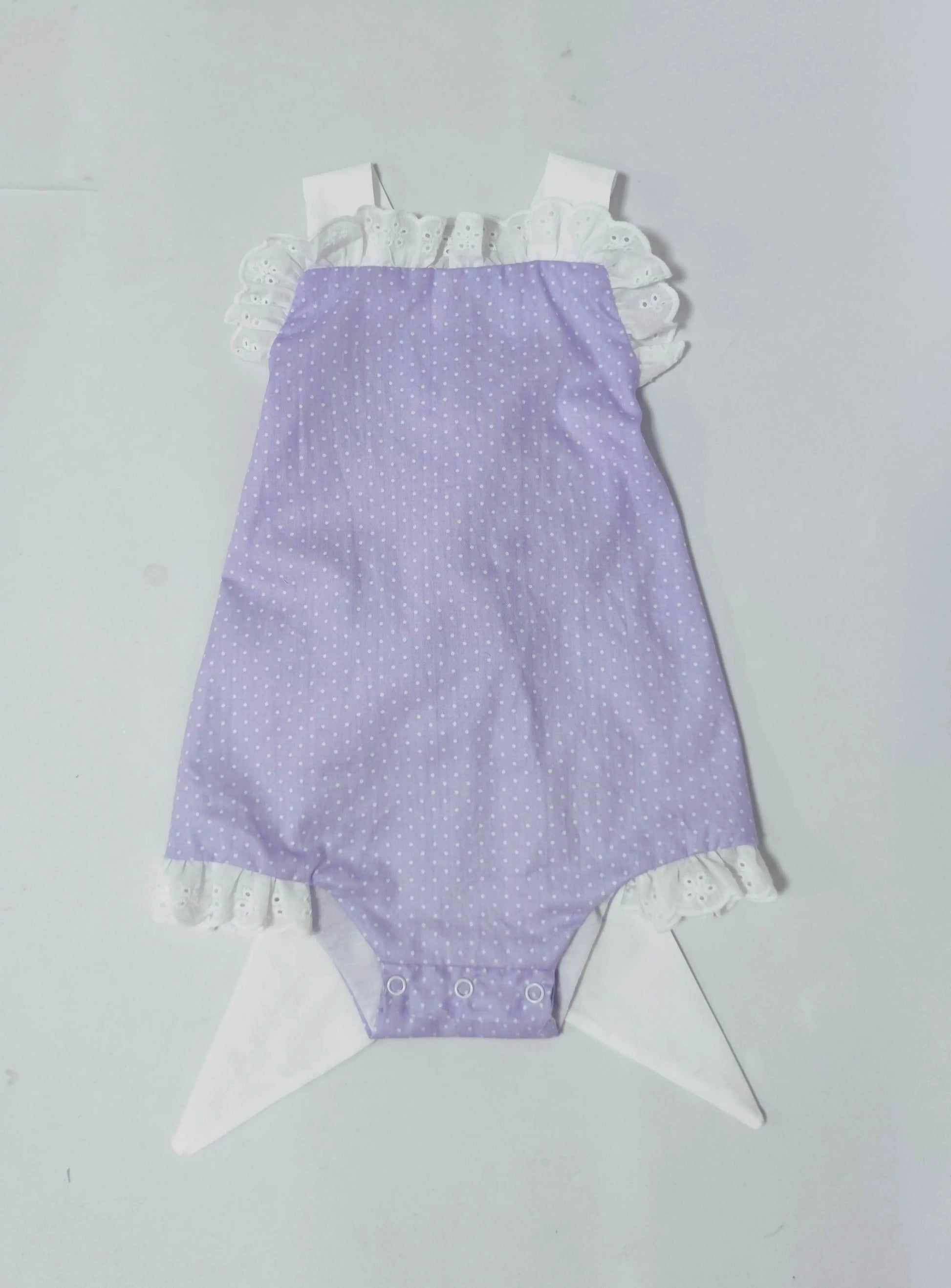 Lavender Polka Dot Eyelet Ruffle Bow Back Sunsuit Pink Poodle Designz