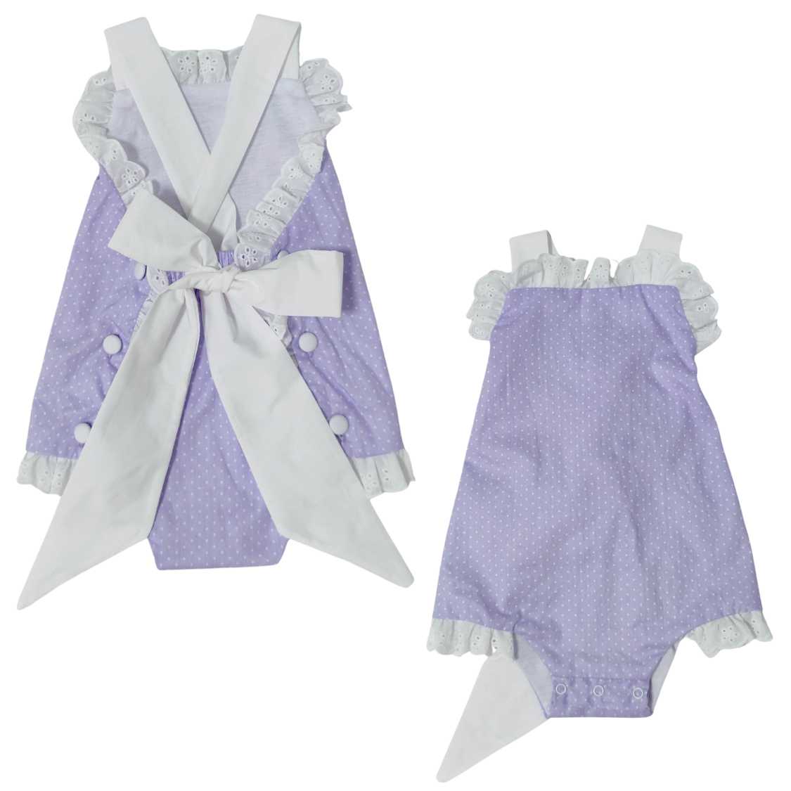 Lavender Polka Dot Eyelet Ruffle Bow Back Sunsuit Pink Poodle Designz