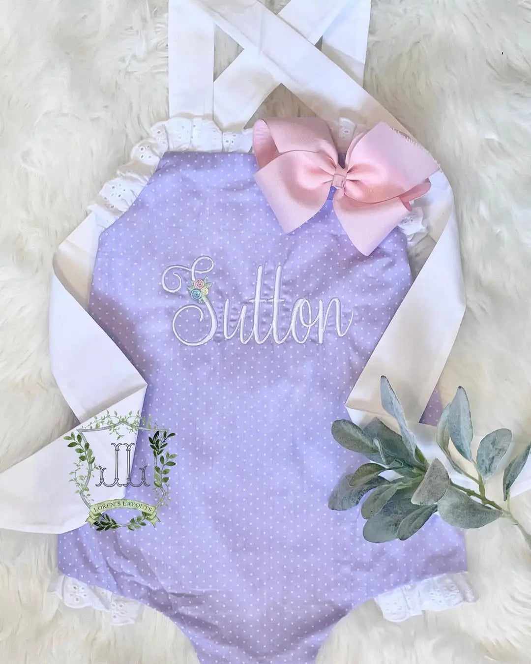Lavender Polka Dot Eyelet Ruffle Bow Back Sunsuit Pink Poodle Designz