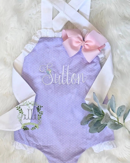 Lavender Polka Dot Eyelet Ruffle Bow Back Sunsuit Pink Poodle Designz