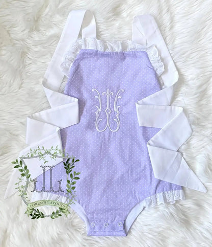 Lavender Polka Dot Eyelet Ruffle Bow Back Sunsuit Pink Poodle Designz