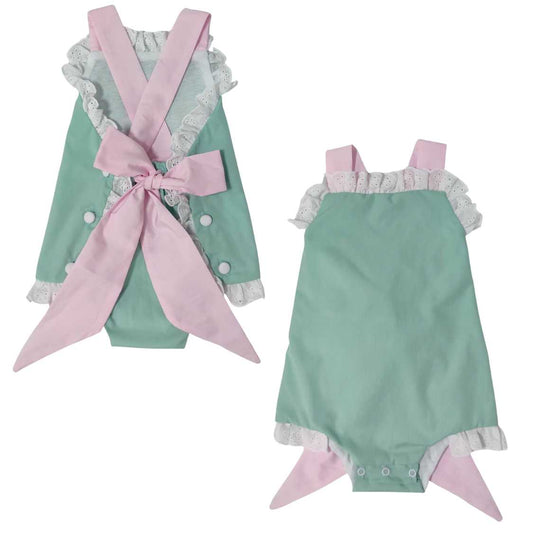 Mint/Pink Eyelet Trim Ruffle Bow Back Sunsuit Pink Poodle Designz