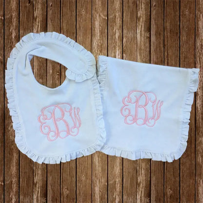 Monogrammed Infant Ruffle Bib & Burp Cloth Pink Poodle Designz