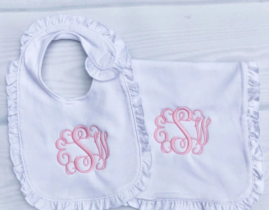 Monogrammed Infant Ruffle Bib & Burp Cloth Pink Poodle Designz