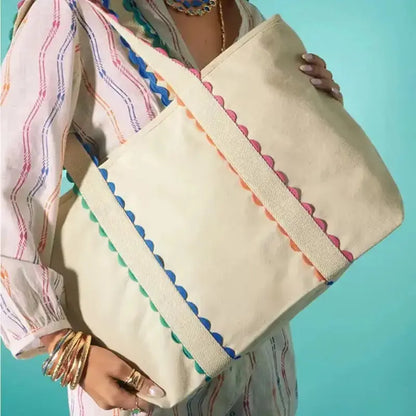 Multicolor Scalloped Canvas Tote Bag & Matching Cosmetic Tote Pink Poodle Designz