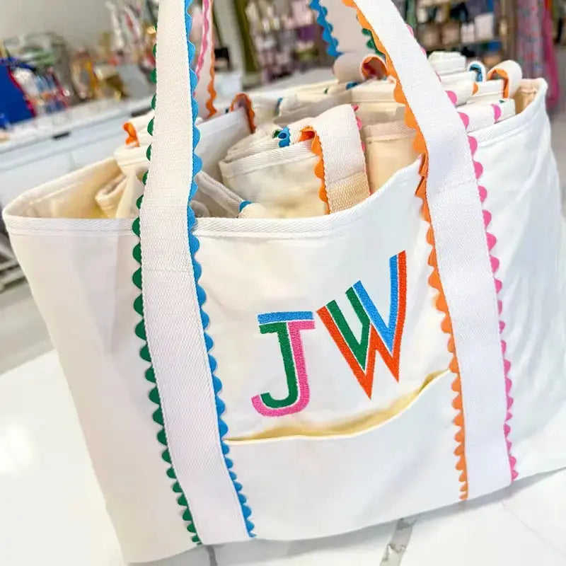 Multicolor Scalloped Canvas Tote Bag & Matching Cosmetic Tote Pink Poodle Designz