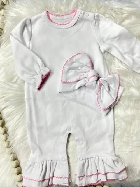Newborn White With Pink Picot Trim Romper And Matching Headband Tiny Wolfe