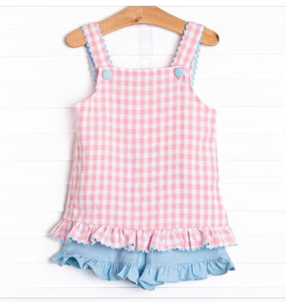 PREORDER Girls Pink Gingham Summer Short Set Pink Poodle Designz