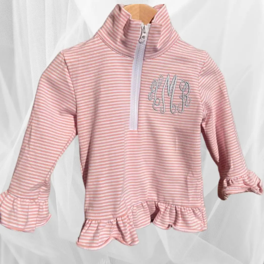 Quarter Zip Straight and Ruffle Stripe Pullovers Pink Poodle Designz