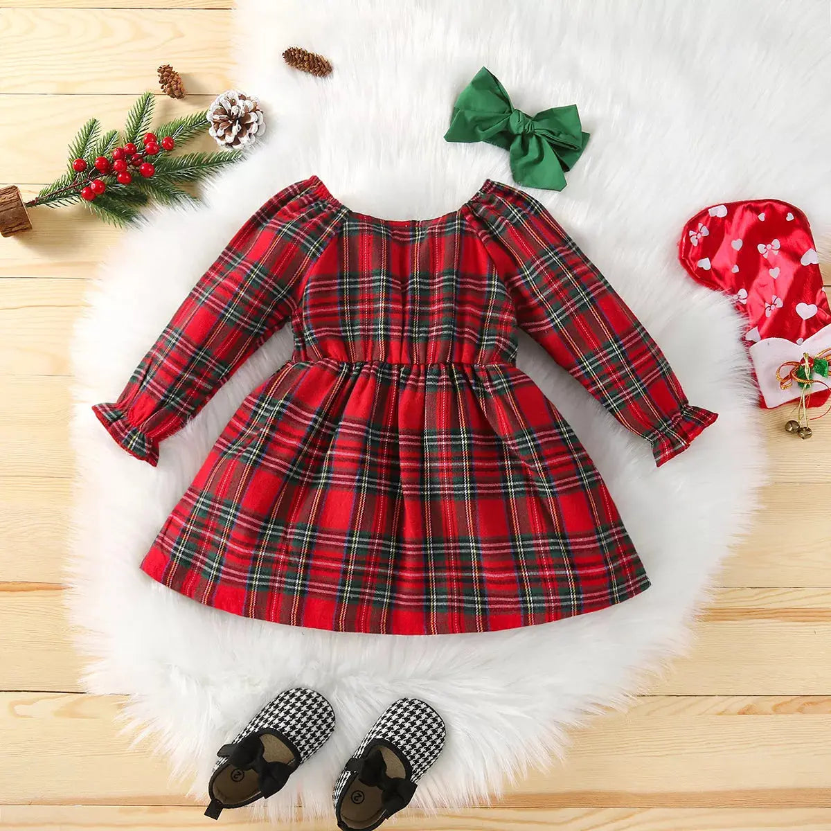 Red Flannel Christmas Dress With Matching Hair Ribbon Pink Poodle Designz