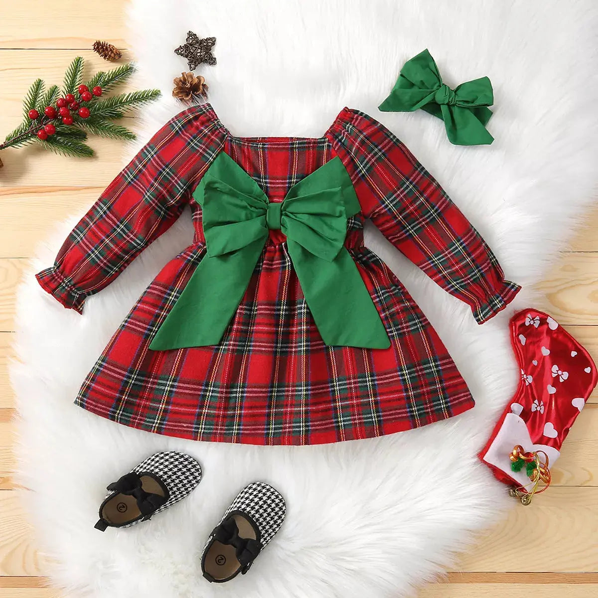 Red Flannel Christmas Dress With Matching Hair Ribbon Pink Poodle Designz