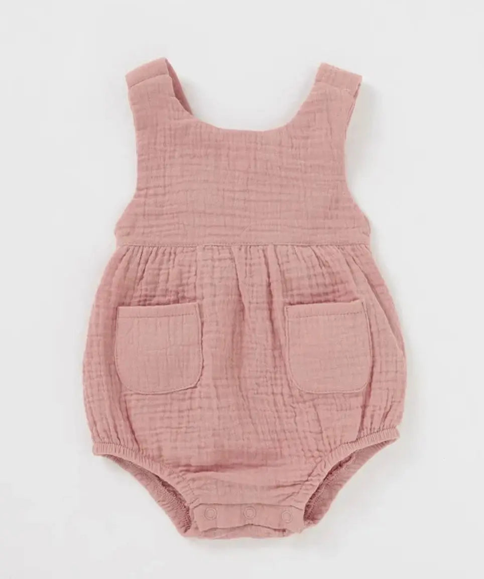 Summer Organic Cotton Muslin Sleeveless Romper Pink Poodle Designz