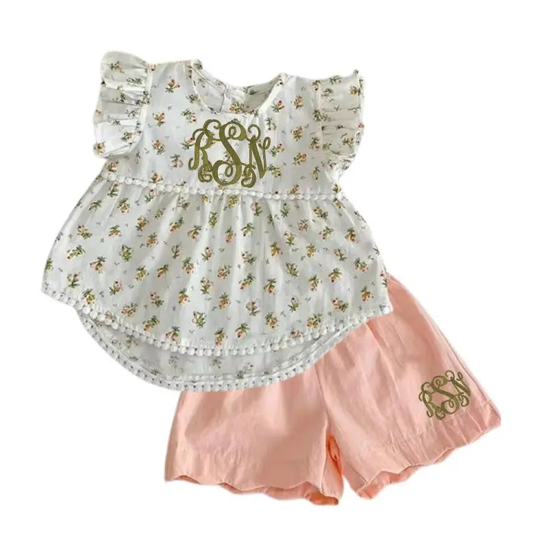 Girls Spring/Summer Peach Floral Set Pink Poodle Designz