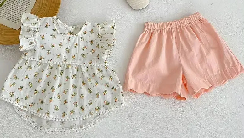 Girls Spring/Summer Peach Floral Set Pink Poodle Designz