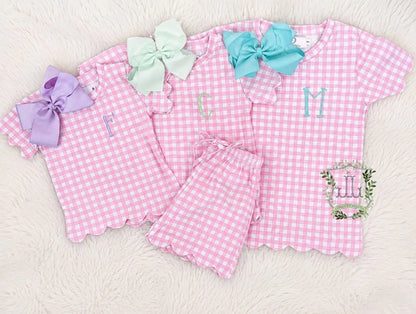 Summer Scalloped Gingham & Solid Sets Pink Poodle Designz