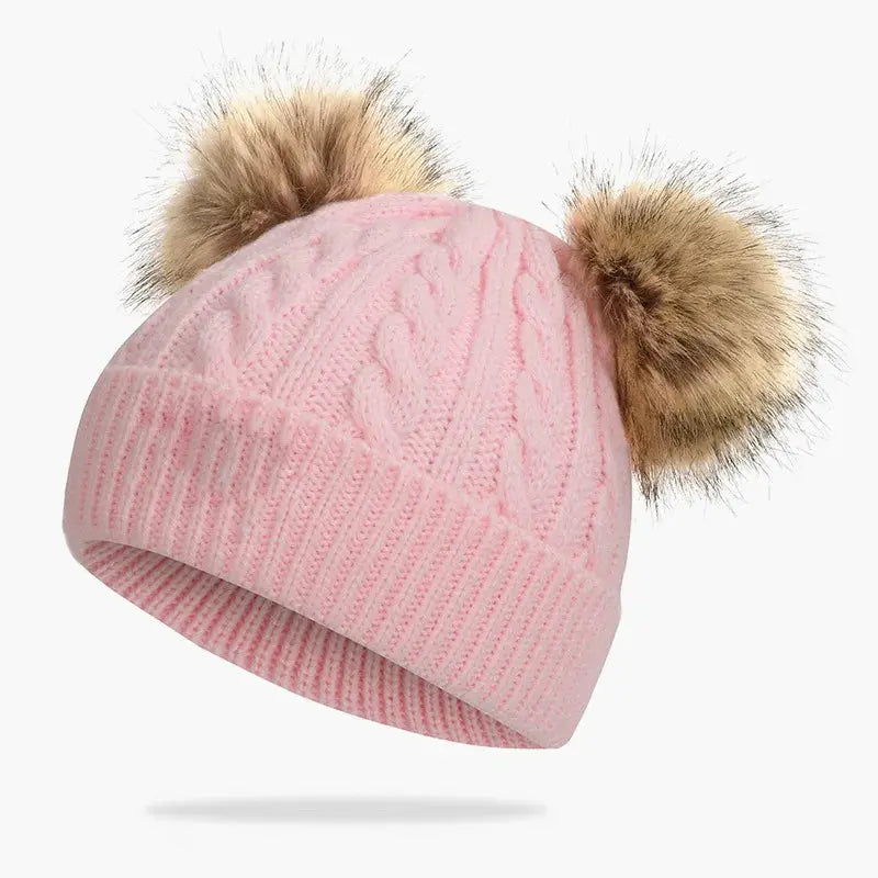 Toddlers Double Pom Pom Beanie Pink Poodle Designz