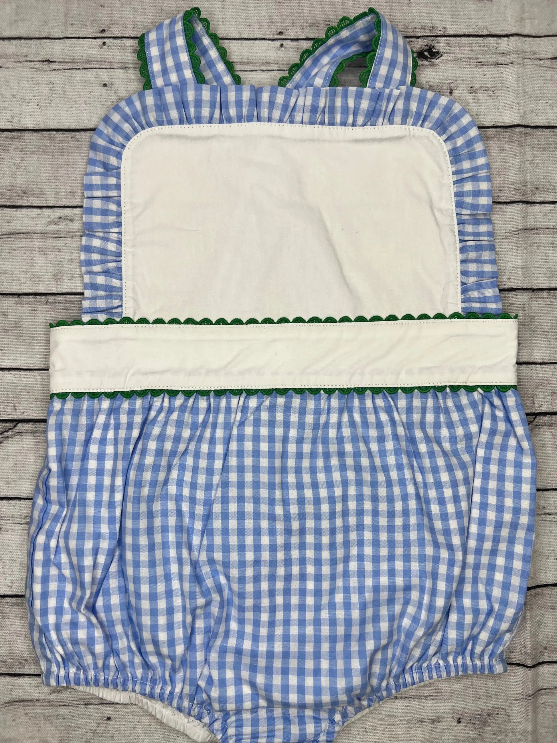 Unisex Blue Gingham With Green Ricrac Trim Bubble (Copy) Pink Poodle Designz