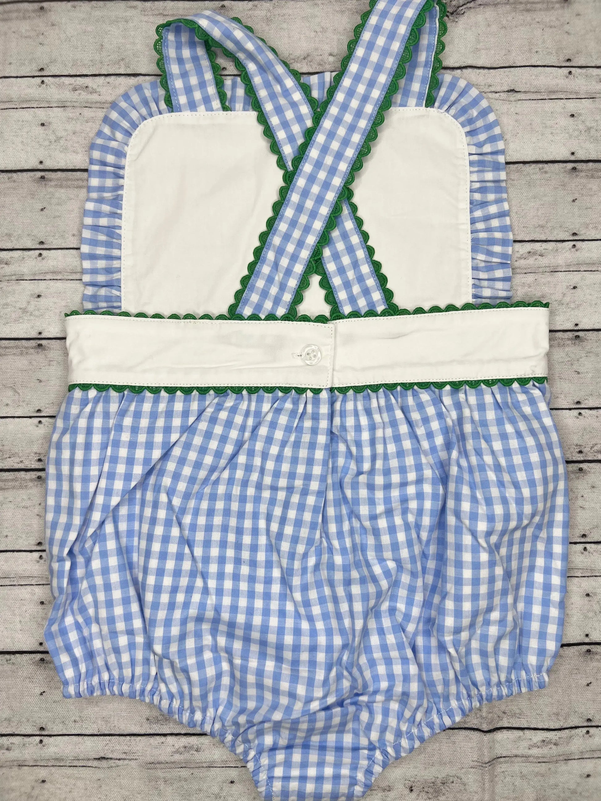 Unisex Blue Gingham With Green Ricrac Trim Bubble (Copy) Pink Poodle Designz