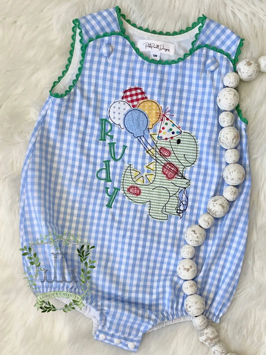 Unisex Blue Gingham with Green RicRac Bubble Pink Poodle Designz