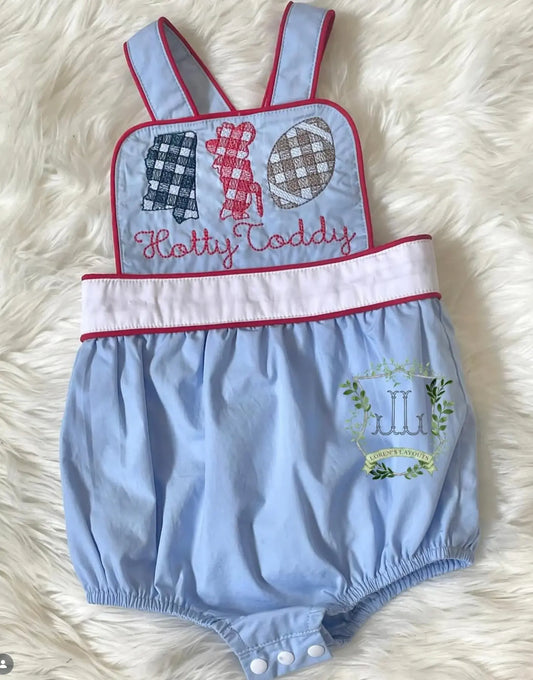 Unisex Blue & White With Red RicRac Trim Sunsuit Pink Poodle Designz