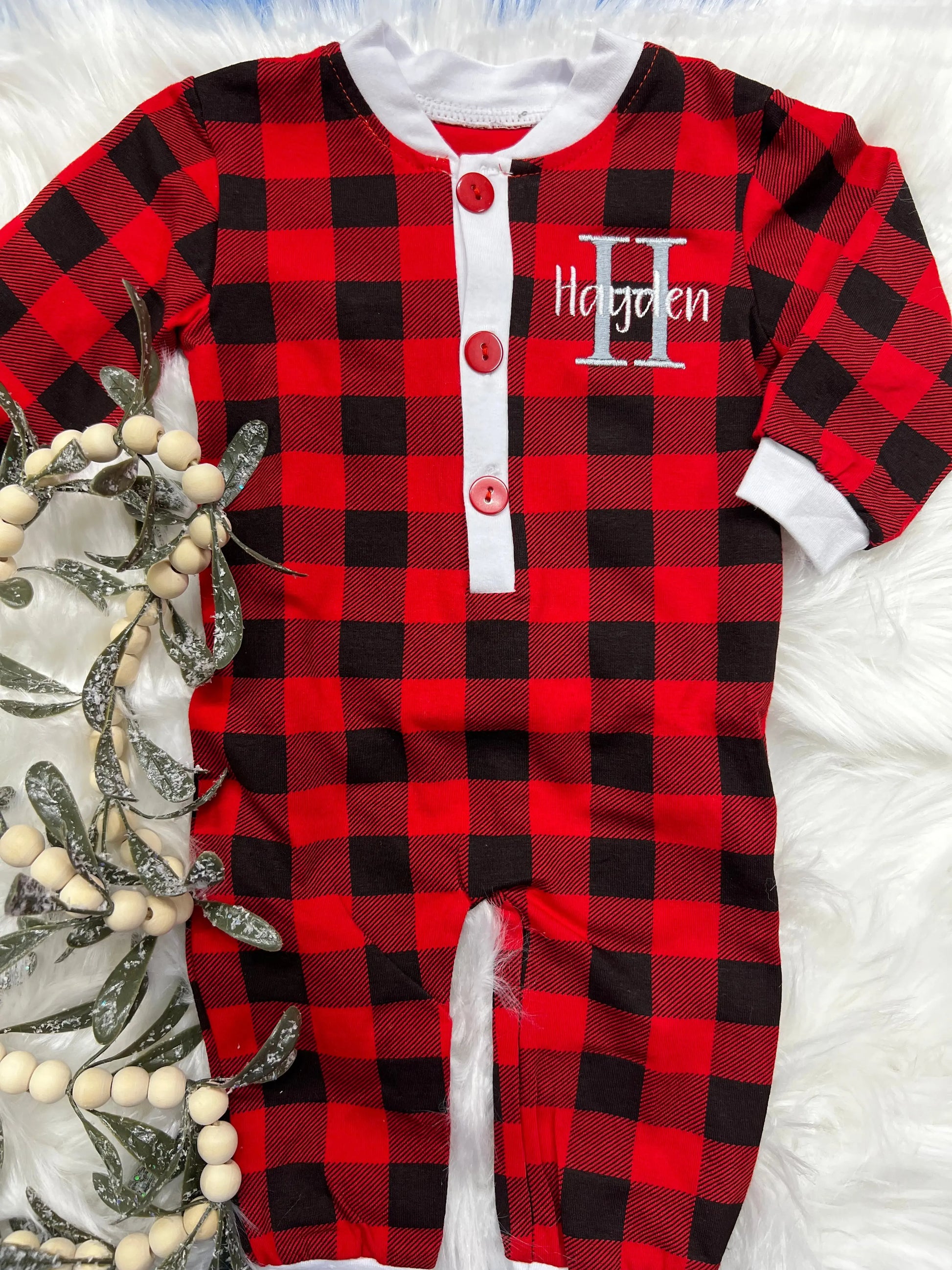 Unisex Buffalo Plaid Christmas Romper With Faux Drop Seat Pepper & Oliver