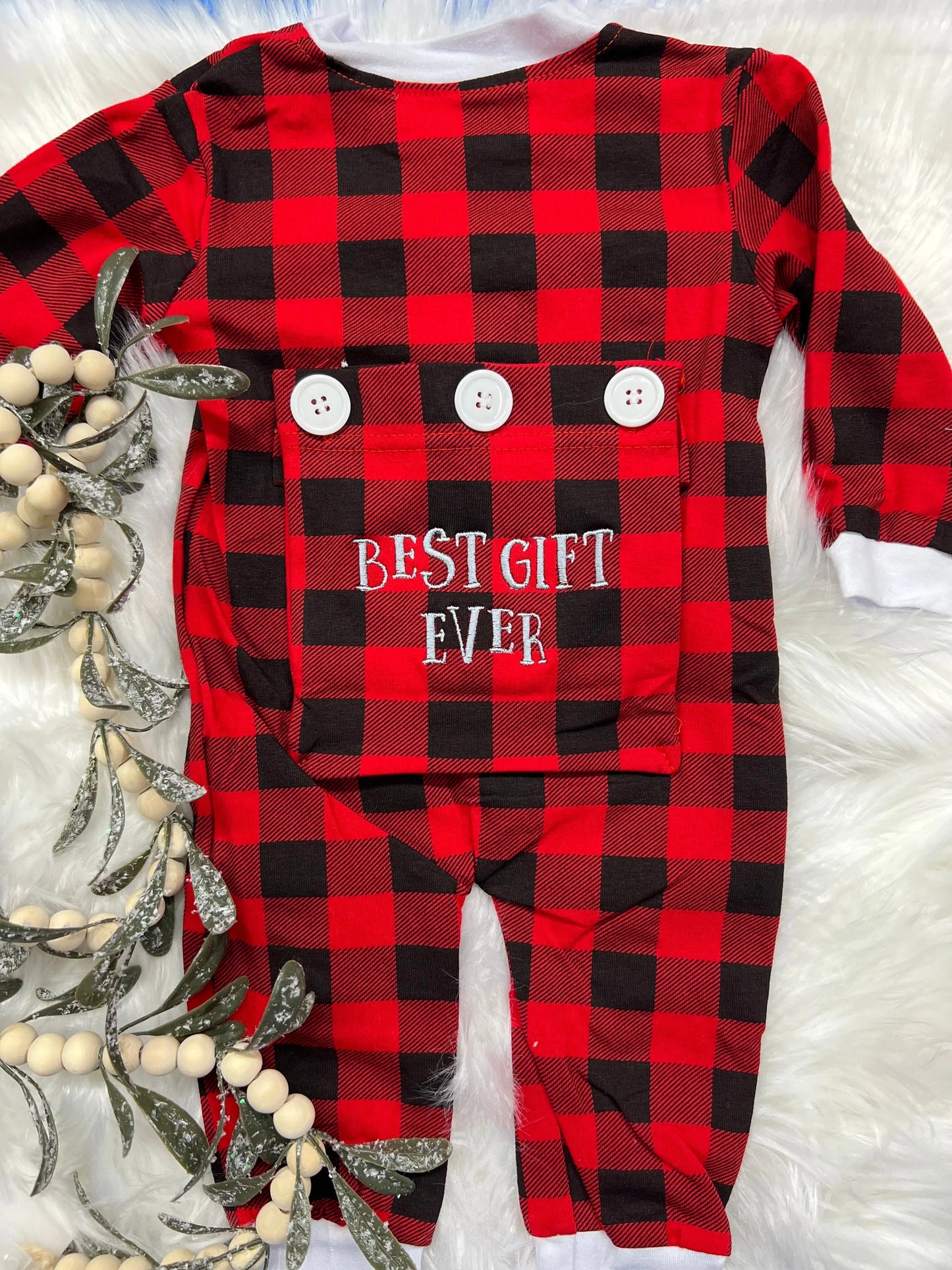 Unisex Buffalo Plaid Christmas Romper With Faux Drop Seat Pepper & Oliver