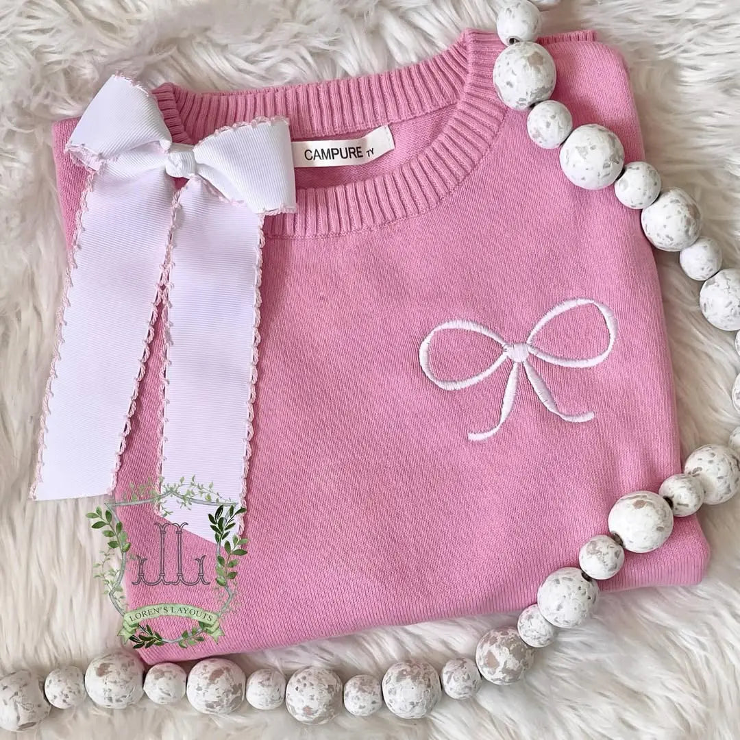 Unisex Kids Crewneck Cotton Knit Long Sleeve Sweaters Pink Poodle Designz