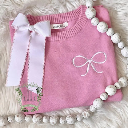 Unisex Kids Crewneck Cotton Knit Long Sleeve Sweaters Pink Poodle Designz