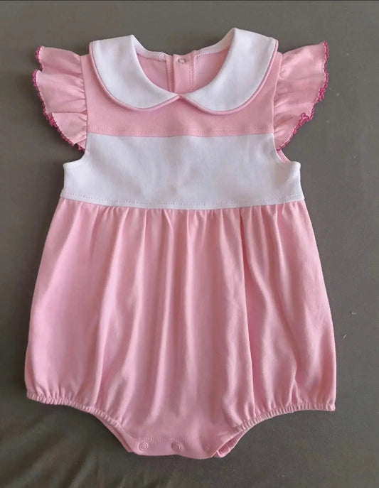 Girl’s Picot Trimmed Flutter Sleeve Pink/White Bubble Adriana's Blanks