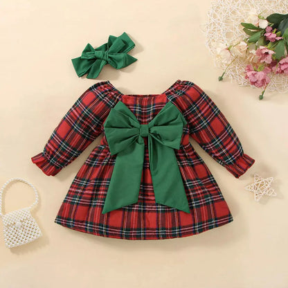 Baby Girl Christmas Plaid Square Neck Big Bow A-line Dress Pink Poodle Designz