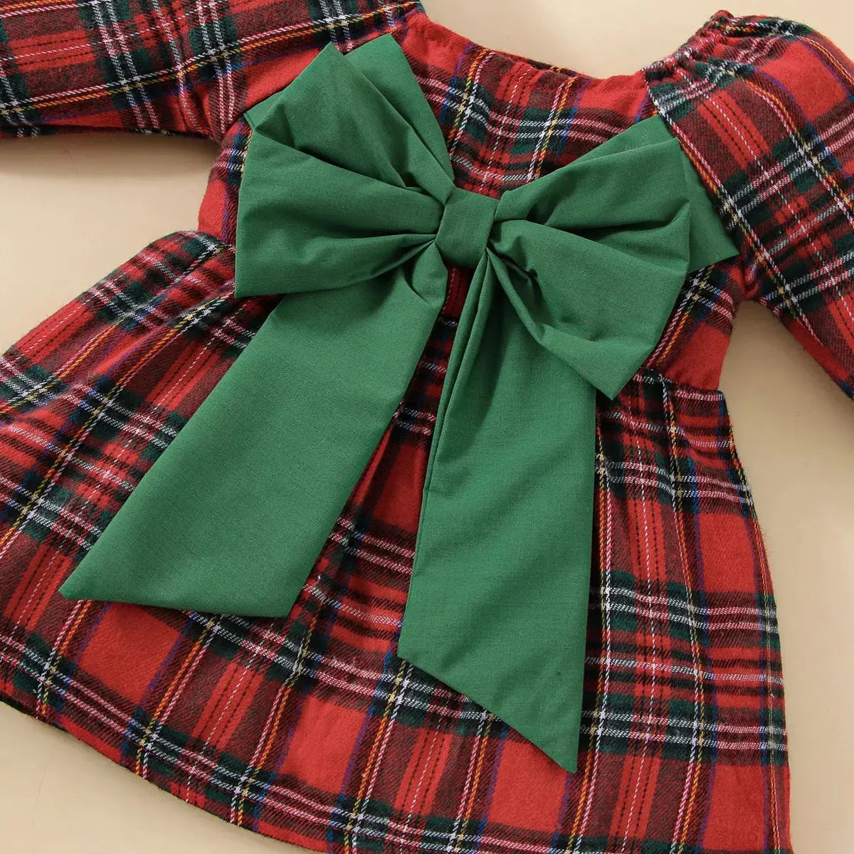 Baby Girl Christmas Plaid Square Neck Big Bow A-line Dress Pink Poodle Designz