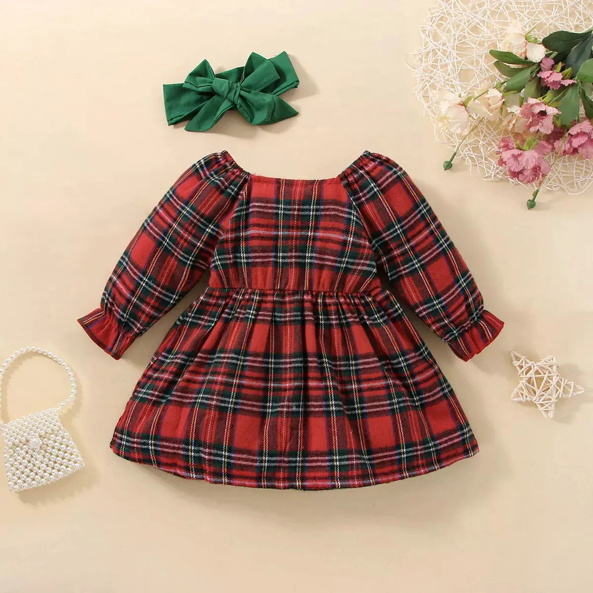 Baby Girl Christmas Plaid Square Neck Big Bow A-line Dress Pink Poodle Designz