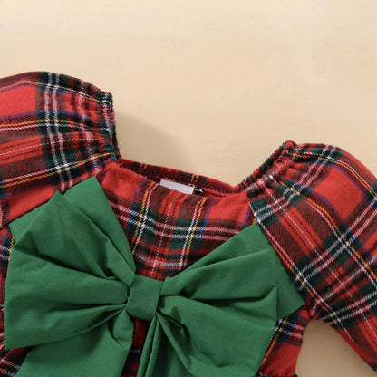 Baby Girl Christmas Plaid Square Neck Big Bow A-line Dress Pink Poodle Designz