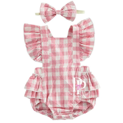 Baby Girl Pink Ruffle Plaid Sunsuit With Matching Headband Pink Poodle Designz