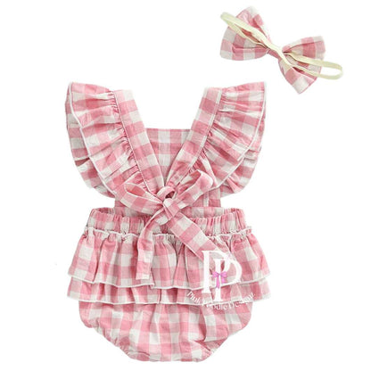 Baby Girl Pink Ruffle Plaid Sunsuit With Matching Headband Pink Poodle Designz