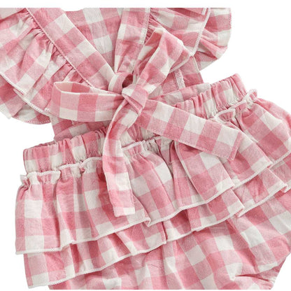 Baby Girl Pink Ruffle Plaid Sunsuit With Matching Headband Pink Poodle Designz