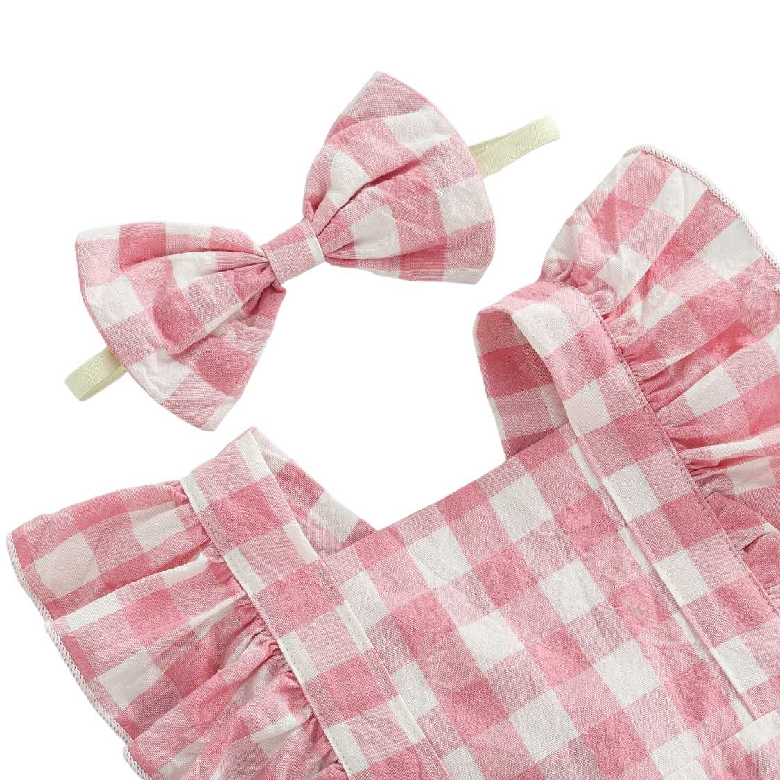 Baby Girl Pink Ruffle Plaid Sunsuit With Matching Headband Pink Poodle Designz