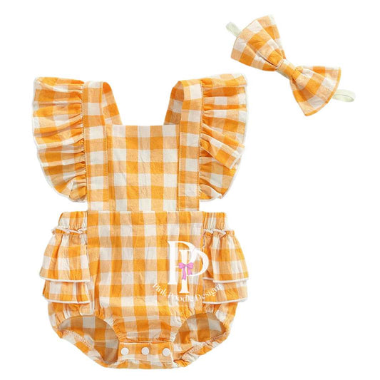 Baby Girl Yellow Ruffle Plaid Sunsuit With Matching Headband Pink Poodle Designz