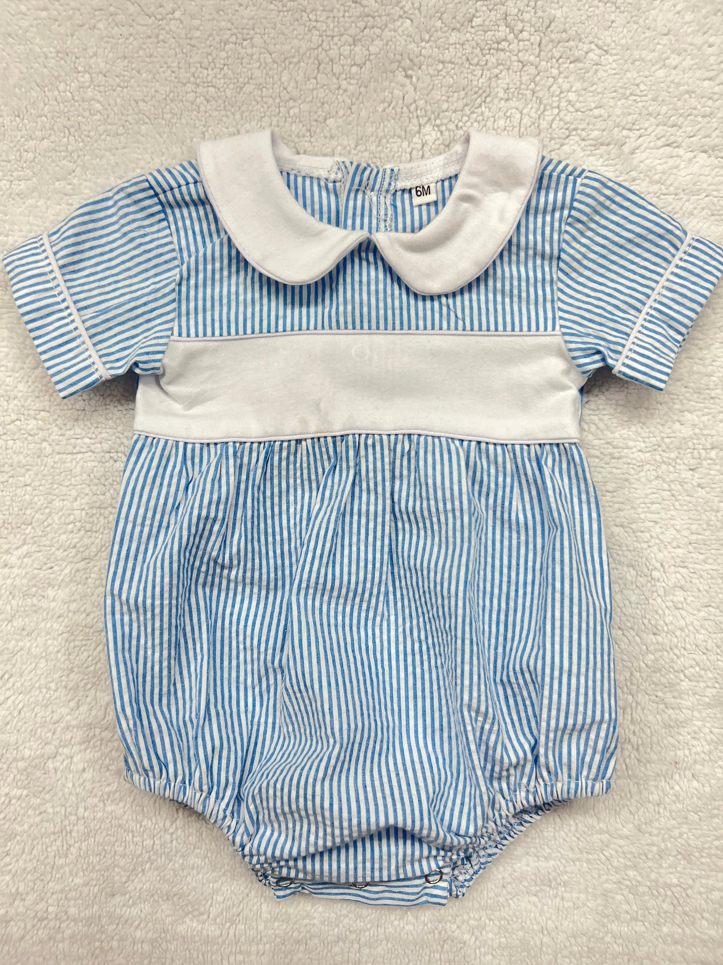 Blue Striped Unisex Peter Pan Collar Seersucker Romper Pink Poodle Designz