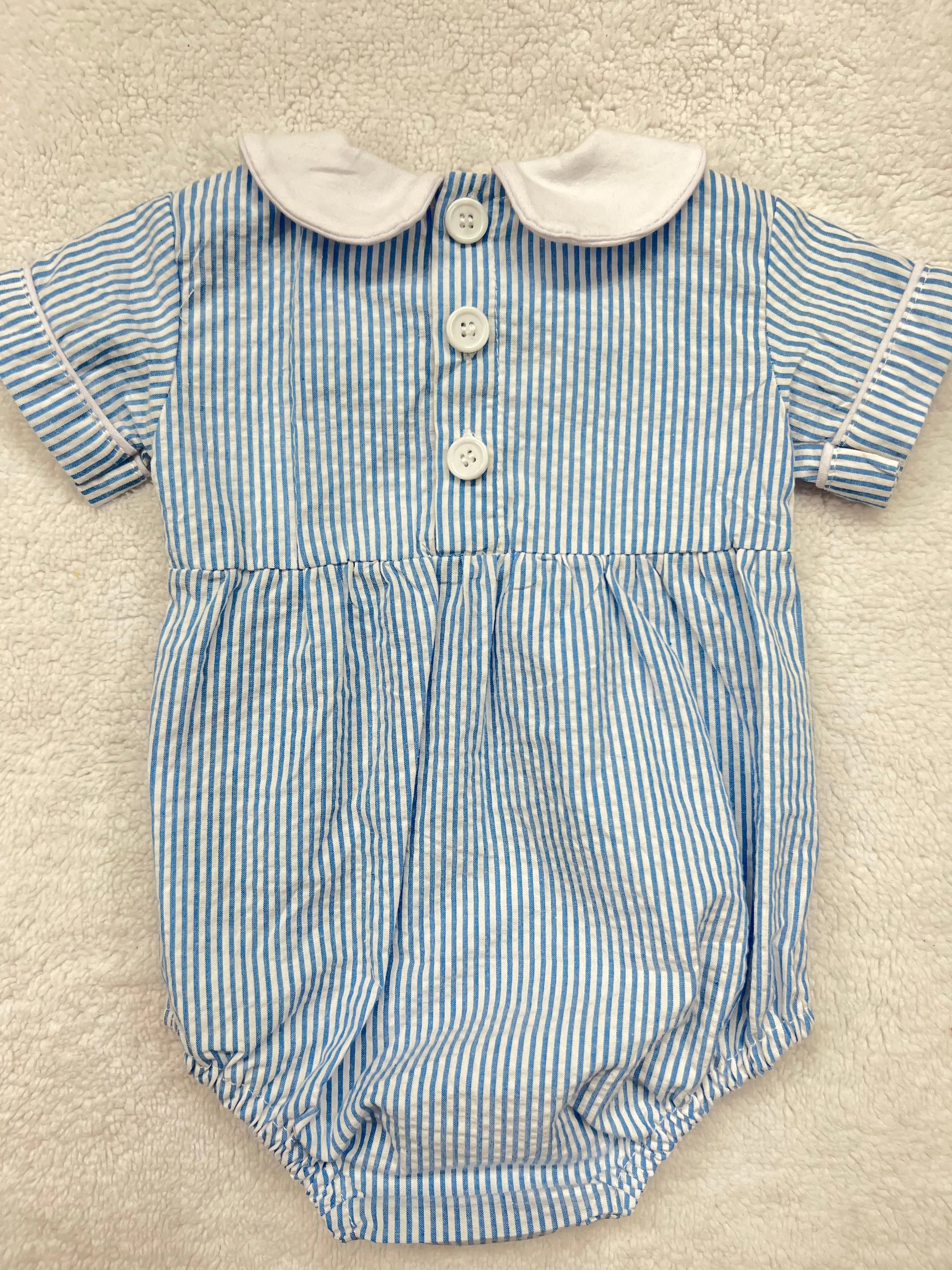 Blue Striped Unisex Peter Pan Collar Seersucker Romper Pink Poodle Designz