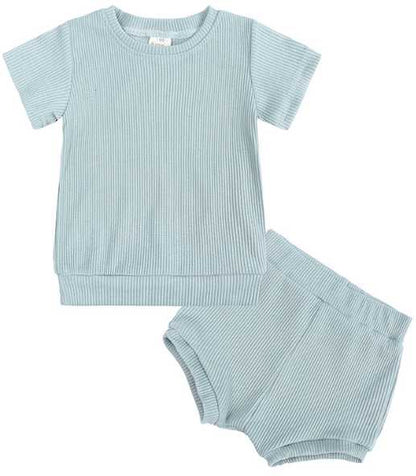Blue Unisex Ribbed Infant Short Sets Pink Poodle Designz