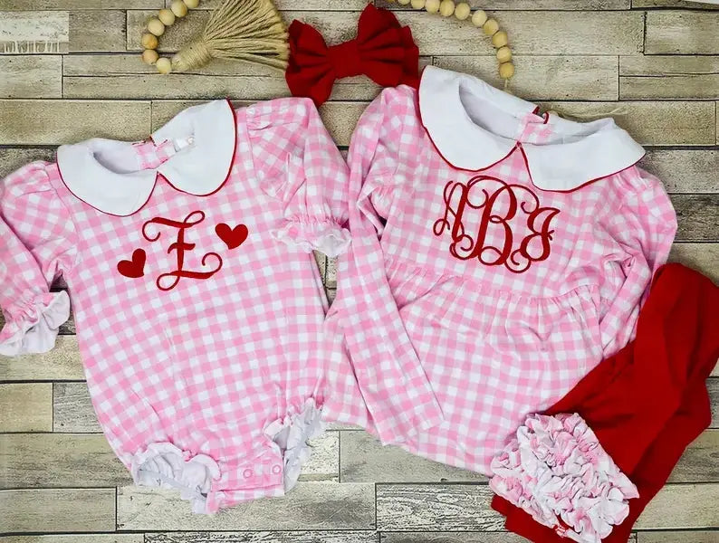 Boutique Girls Checkered Ruffle Long Sleeve Bubble Pink Poodle Designz