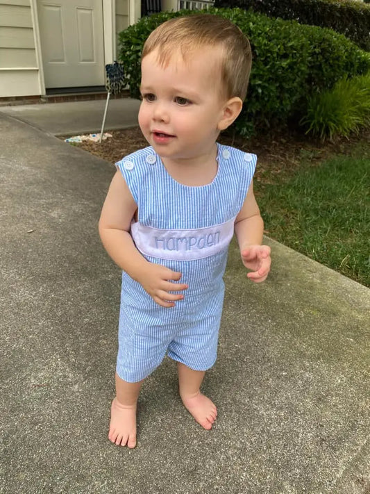 Boy's Blue Striped Seersucker Shortall Romper With White Panel Pink Poodle Designz