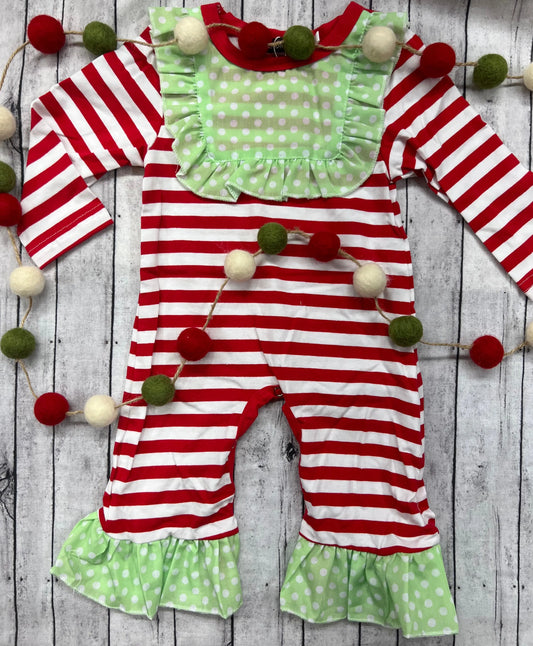 Girl's Christmas Red/White Stripe Lime/White Polka Dot Romper Pink Poodle Designz