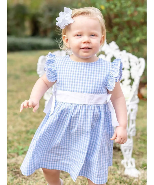 Girl's Light Blue Gingham Angel Sleeve Bow Waist Dress Lil Cactus