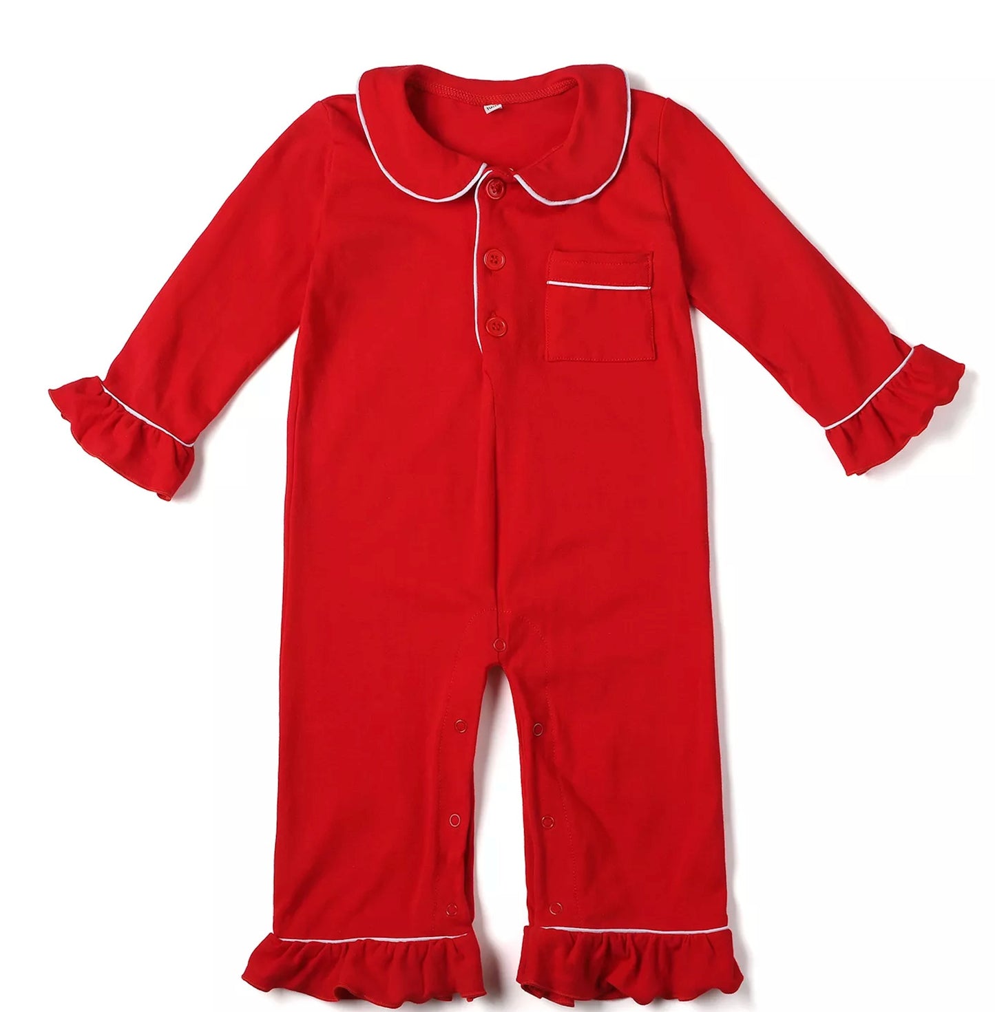 Girls Infant/Toddler Red Ruffled Christmas Pajama Romper Monogrammed with White Trim Pink Poodle Designz