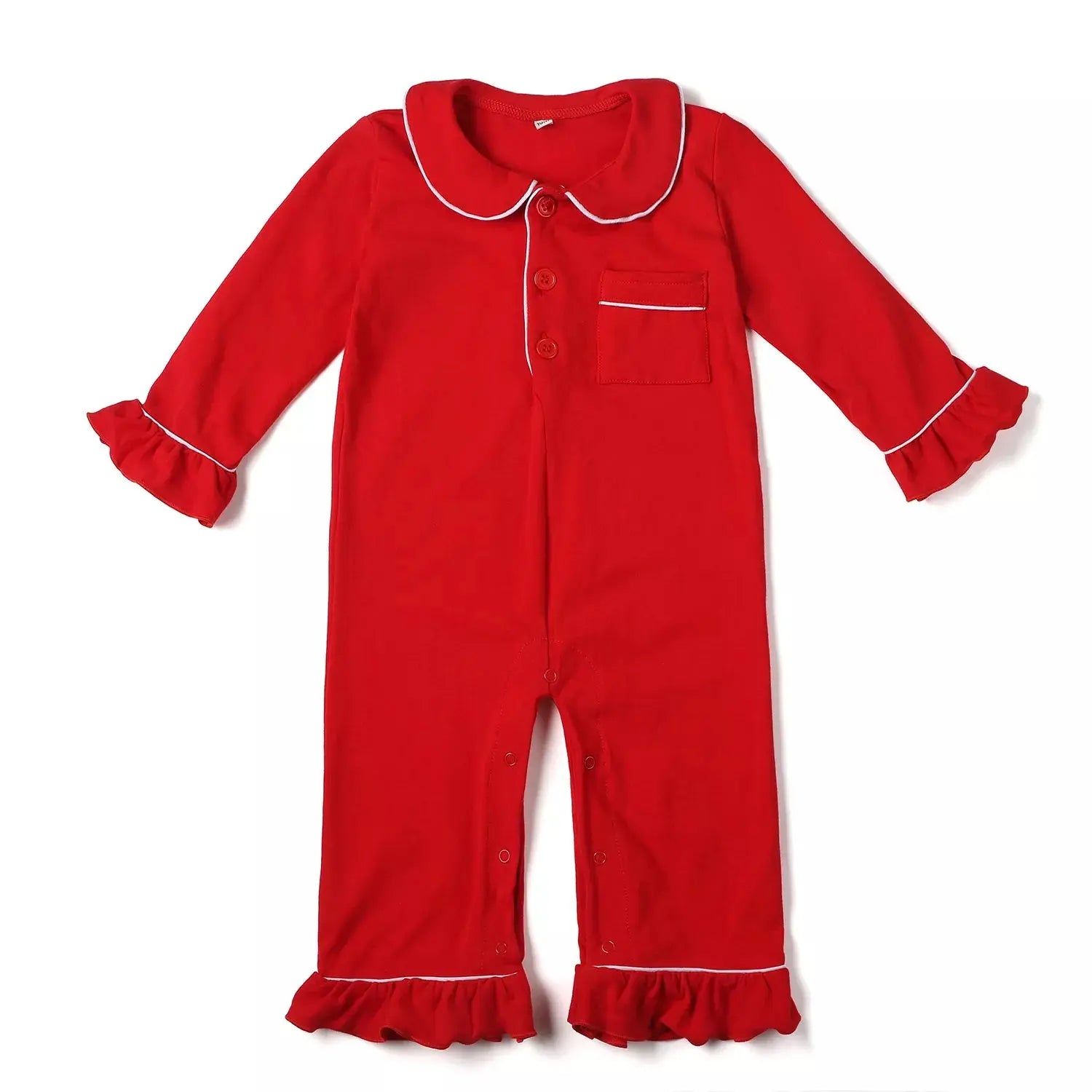 Girls Infant/Toddler Red Ruffled Christmas Pajama Romper Monogrammed with White Trim Pink Poodle Designz