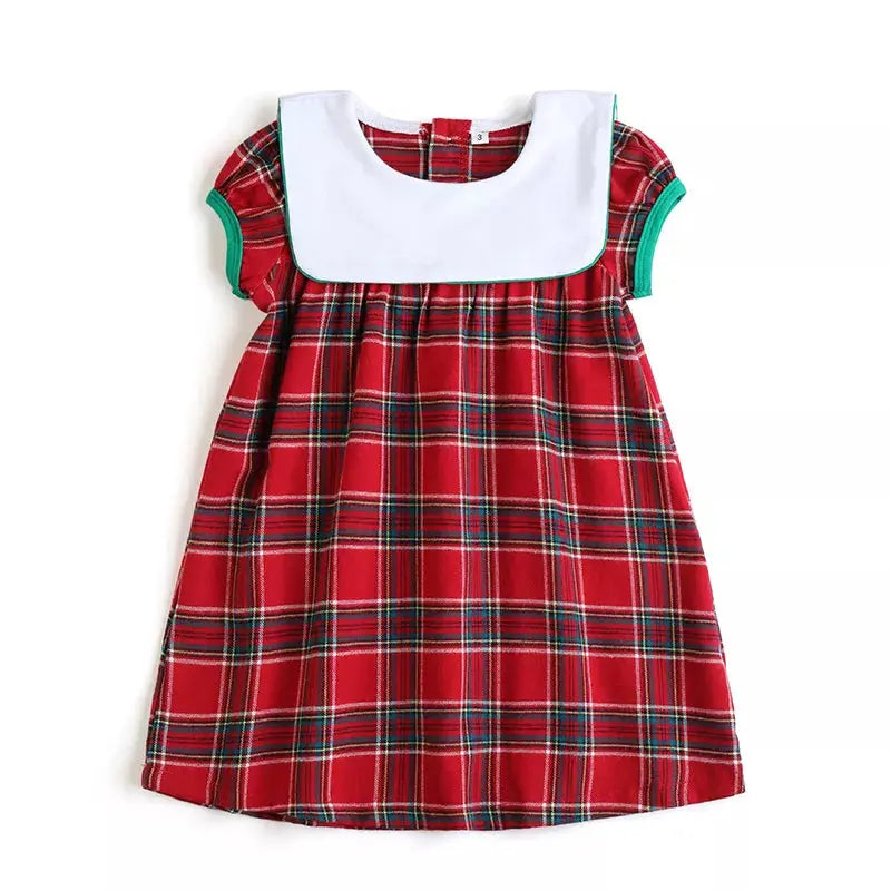 Girls Plaid Christmas Dress With Bib Neck And Puffy Sleeves Pink Poodle Designz