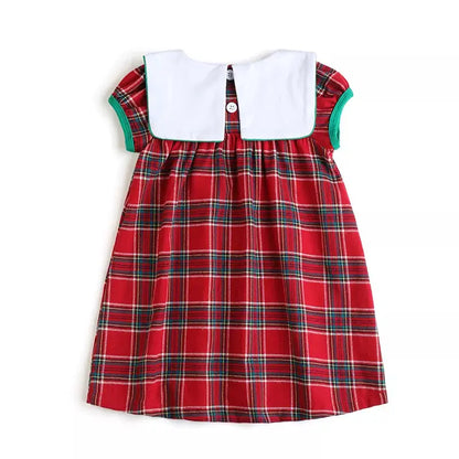 Girls Plaid Christmas Dress With Bib Neck And Puffy Sleeves Pink Poodle Designz